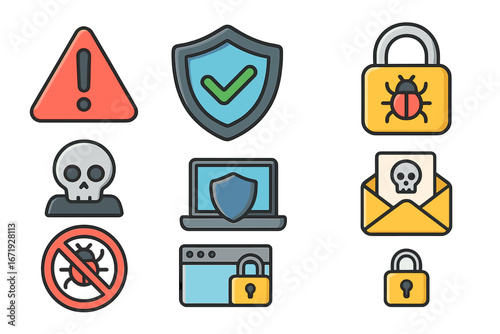 Security icons representing digital threats and protections in modern computing environment, vector cartoon illustration with transparent background, ordered cybersecurity symbols set