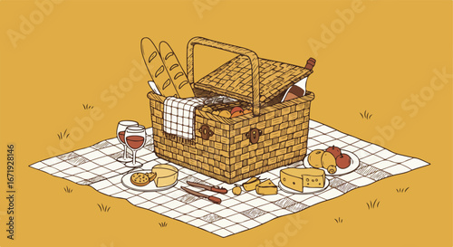 Enjoying Delicious Food at Outdoor Picnic Spot with Wine and Cheese