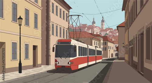 Tram Travels Along Street in City (Illustration)
