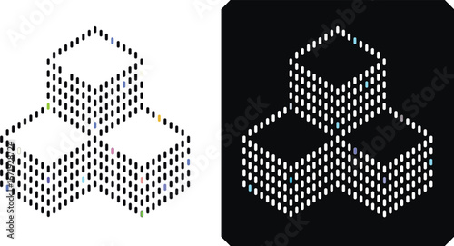 Abstract Pixel Block Layer Vector. Mosaic Grid Stack Icons for Blockchain, AI, Automation, Technology, Data, Network, Isometric Modern Design, Digital Asset, Cloud Computing, Connection, Cube