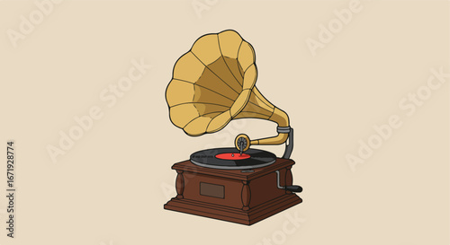 Listening Sound Gramophone Playing Records on Wooden Table in the Room