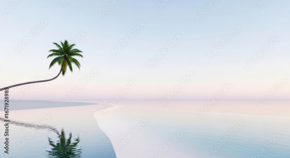 custom made wallpaper toronto digitalTropical Palm Tree on Calm Beach with Soft Pastel Sky and Reflective Water