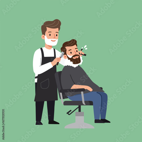 Barber Trimming Man's Beard in a Barbershop