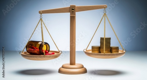 Wooden scales balancing pills and coins, representing healthcare costs.