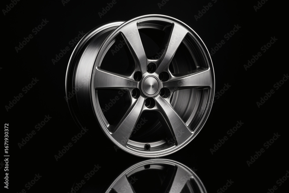 Fototapeta premium Silver Alloy Wheel with Six Spokes on Black Background