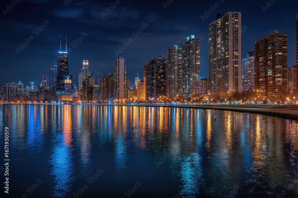 Naklejka premium City Skyline Illuminated Reflecting on Lake at Night