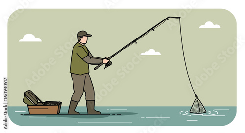 Angler Holding Fishing Rod with Net in Water