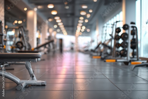 Wallpaper Mural Gym interior with exercise equipment, weight racks, and a bench in the foreground. Illustrates fitness, healthy lifestyle, and workout motivation concepts. Torontodigital.ca