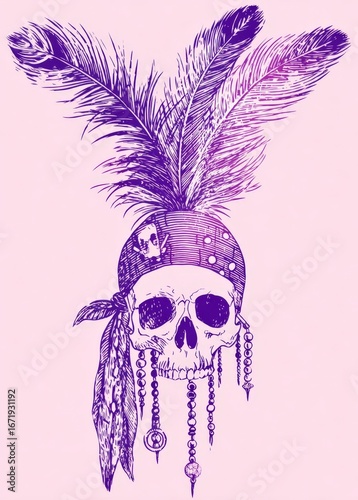Engraved Pirate Skull with Feathers & Beads in Purple on Pink Background, Retro Tattoo Style, Detailed Illustration, Vintage Aesthetic, Light & Dark Tones