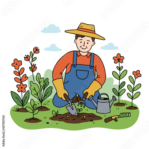 Planting seedlings by the gardener in a garden