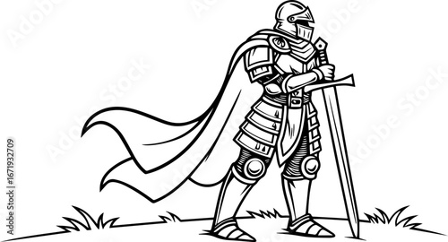 Medieval Knight with Sword and Armor - Black and White Illustration