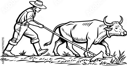 Farmer Plowing Field with Ox - Traditional Agriculture Line Art