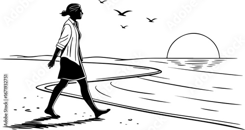 Woman Walking on a Beach at Sunset - Solitude and Serenity