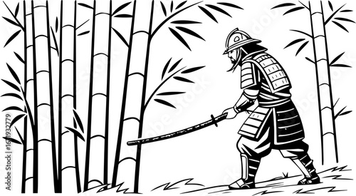 Samurai Warrior in Bamboo Forest with Katana Sword