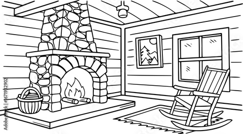 Cozy Log Cabin Interior with Stone Fireplace and Rocking Chair