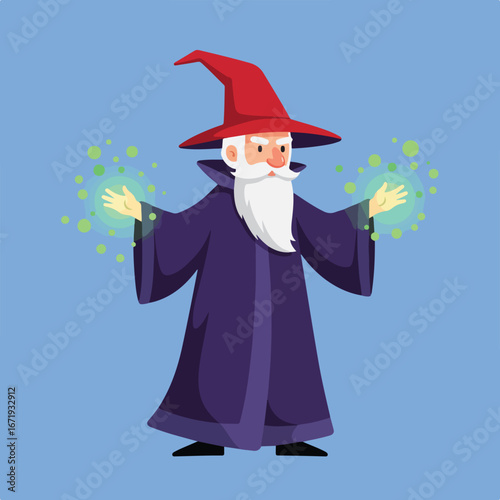 Wizard Casting Magic Spells Against a Blue Background Illustration