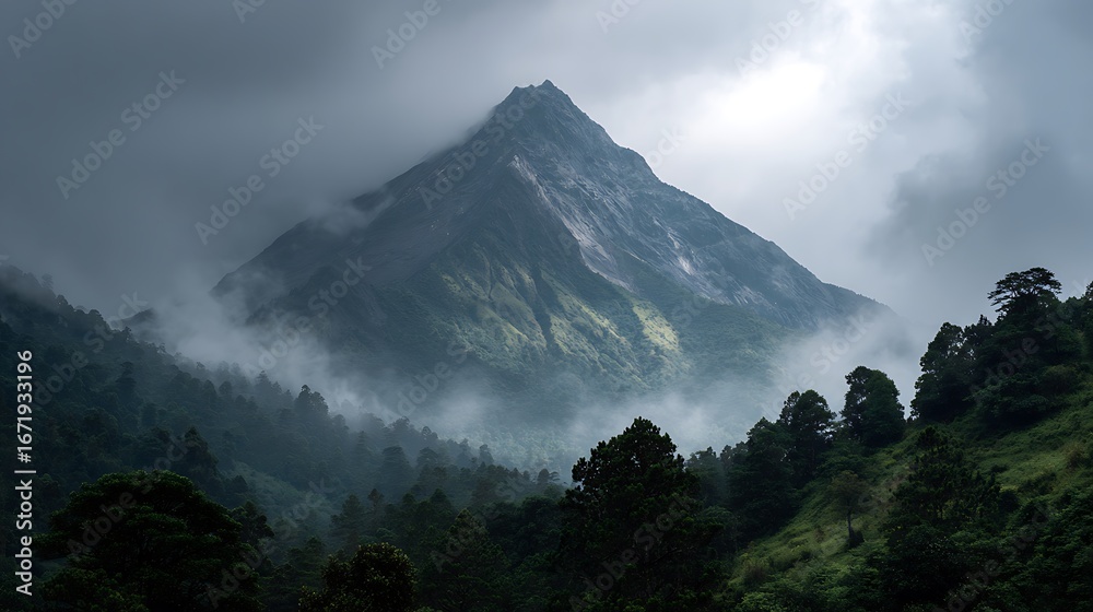 Fototapeta premium volcanic mountain with rough edges rising above misty clouds
