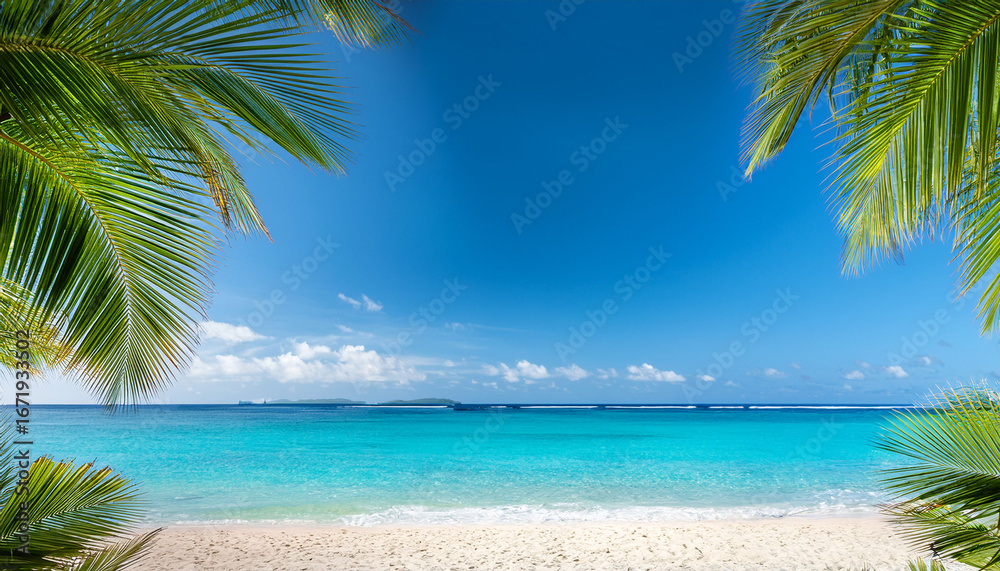 Fototapeta premium tranquil tropical beach scene with clear blue water gentle waves and lush green palm leaves framing sandy shoreline