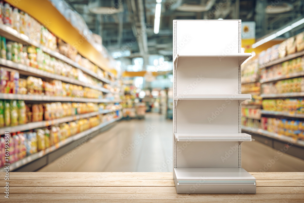 Fototapeta premium Empty store display shelves in supermarket aisle with blurred background