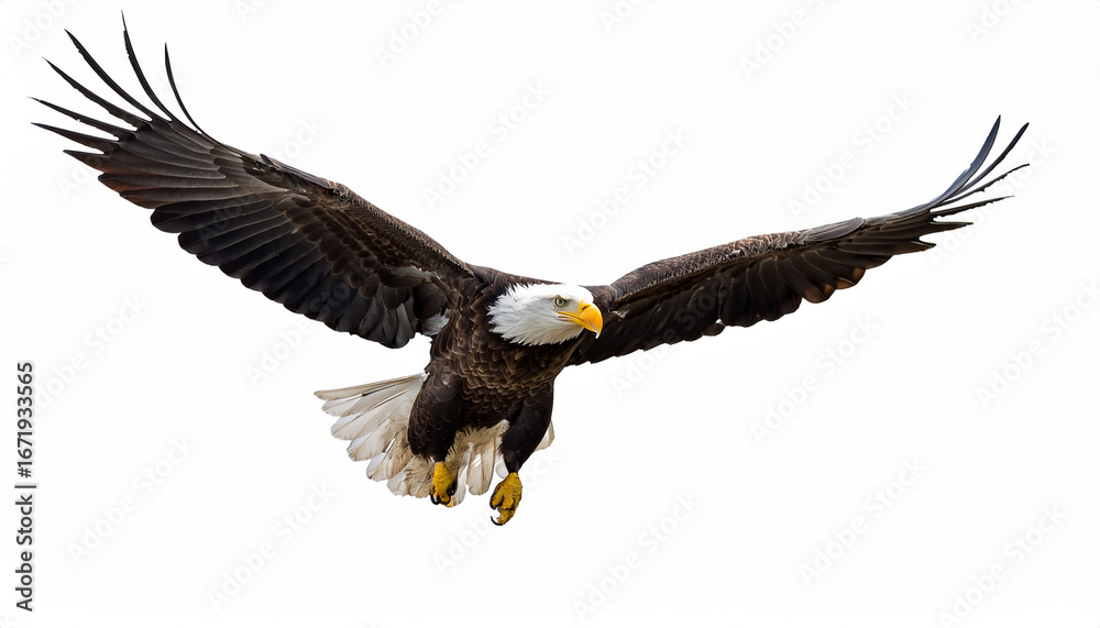 Fototapeta premium bald eagle flying isolated on white background for wildlife and nature projects