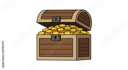 Open Treasure Chest Full of Gold Coins on a White Background