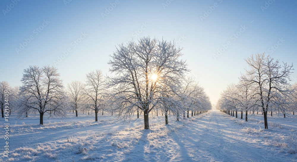 Stunning winter orchard scene with sunbeams piercing frosted trees and a snow-covered path Stunning winter orchard scene with sunbeams piercing frosted trees and a snow-covered path