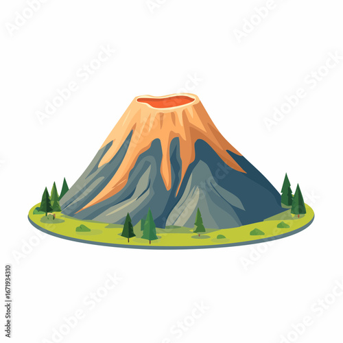 Cartoon Volcano Illustration with Lava Flow and Trees