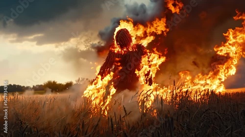A man standing in a field of fire in the middle of a field