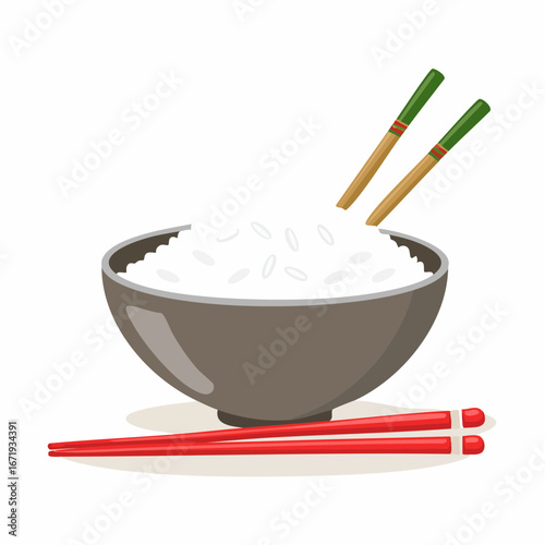 Bowl of fluffy white rice served with two sets of chopsticks for an authentic Asian culinary experience vector art