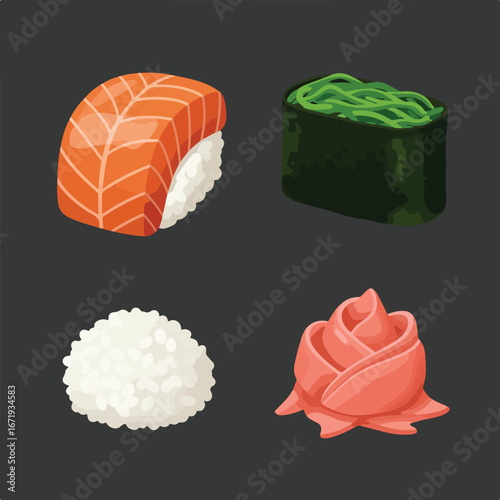 Displaying Sushi Assortment with Rice and Ginger on a Dark Grey Backdrop