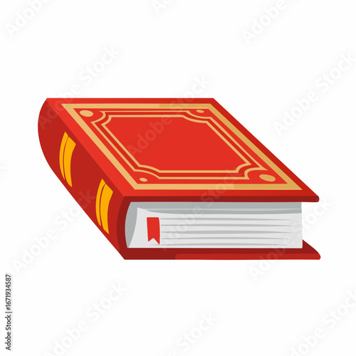 Elegant red hardcover book with ornate gold pattern and a bookmark, a symbol of wisdom.
