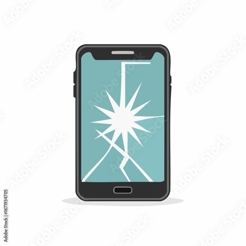 Broken smartphone with severely cracked display, damaged mobile device screen