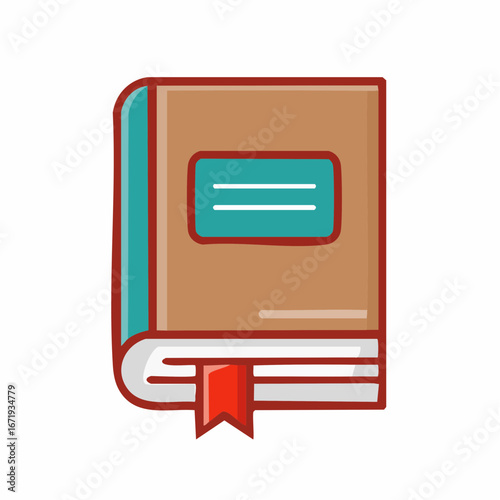 Closed hardcover book with a teal spine and red bookmark flat design illustration
