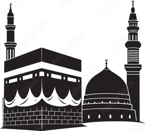 Kaaba and Masjid Nabawi Silhouette Vector Design – Islamic Holy Places Illustration