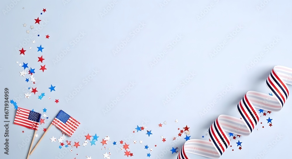 Obraz premium Festive arrangement of american flags and red, white, and blue star confetti scattered across a light blue background, with a ribbon border