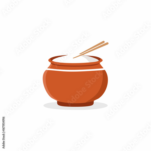 Traditional earthen pot with cream and chopsticks, cartoon illustration