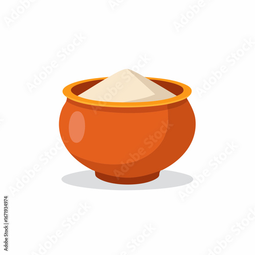Orange traditional pot filled with white powder used for cooking or baking ingredients