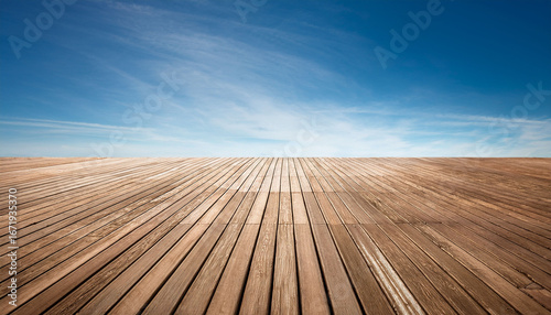 a serene wooden deck extends into the distance under a bright clear sky isolated on transparent background