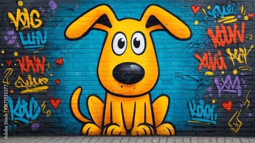 Yellow cartoon dog graffiti painting on a blue brick wall
