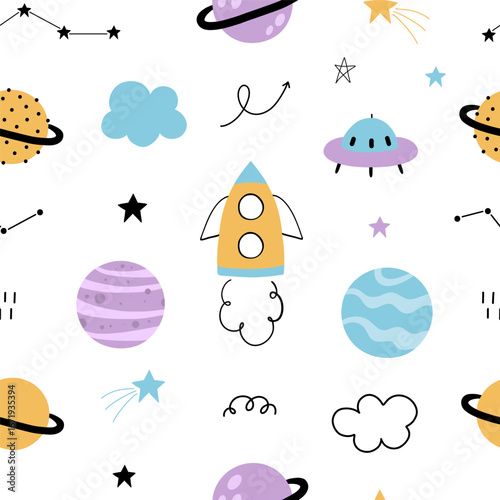 Seamless pattern with cute planets, stars, ufo, constellations, rockets, space, saturn, cloud on white background for your fabric, baby textile, apparel, nursery decor, gift wrapping paper.