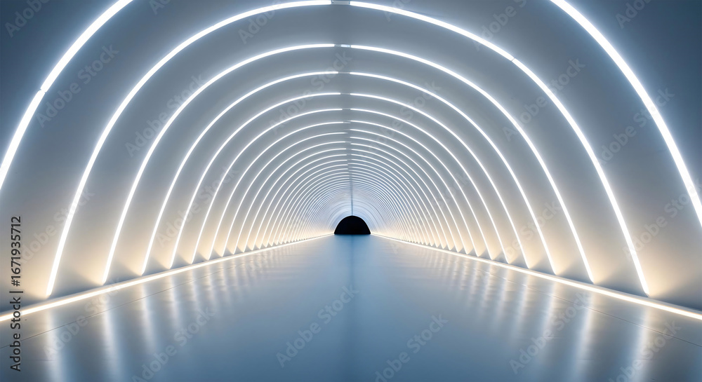 Naklejka premium Futuristic tunnel with glowing white neon light arcs and dark exit