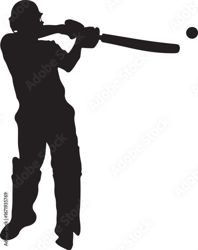 Black silhouette of a cricket batsman hitting a ball sport game