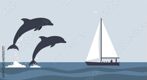 Dolphins Jumping beside Sailboat at Sea