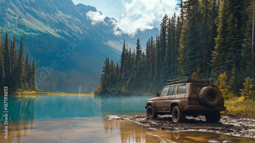 Rugged mud-covered SUV parked by a crystal-clear mountain lake, surrounded by pine trees, capturing off-road adventure and scenic wilderness vibes.