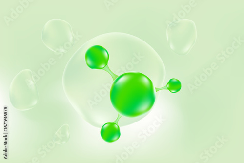 Light green clear molecule of hyaluronic acid or collagen, mint green nano 3D cell, vector bio scientific icon. Cosmetology treatment gradient background. Beauty science, skin care molecular concept