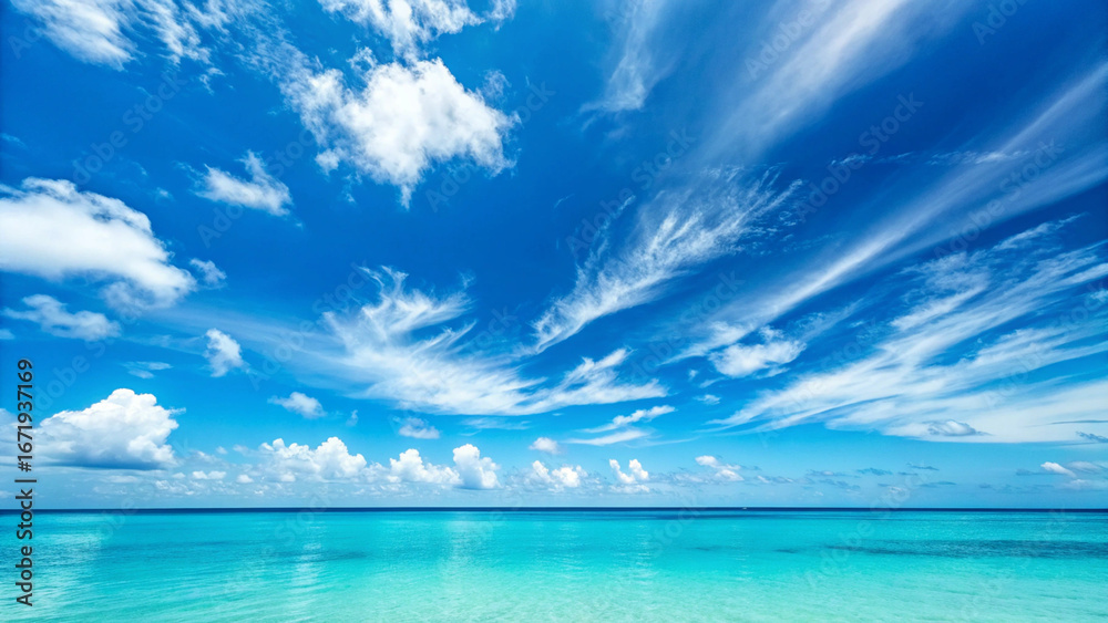 Obraz premium Vibrant Blue Sky and Turquoise Ocean with Wispy Clouds image photo