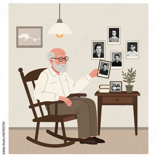 Elderly Man Holding Photo in Chair Indoors