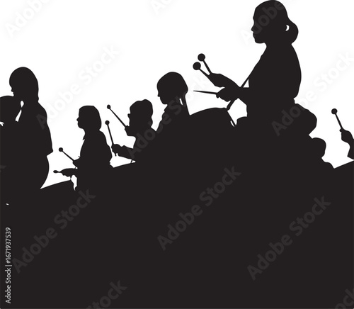 Silhouette of a group of people playing musical instruments with mallets vector