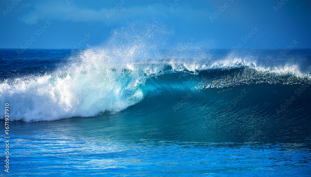 Naklejka premium powerful ocean wave crashing with vibrant blue hues during daytime