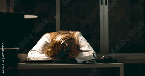 Female doctor collapsed over desk with head down showing extreme exhaustion and burnout after long shift in clinic at night